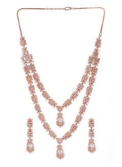 Priyaasi Rose Plated American Diamond Layered Necklace  Earrings  - Image 2
