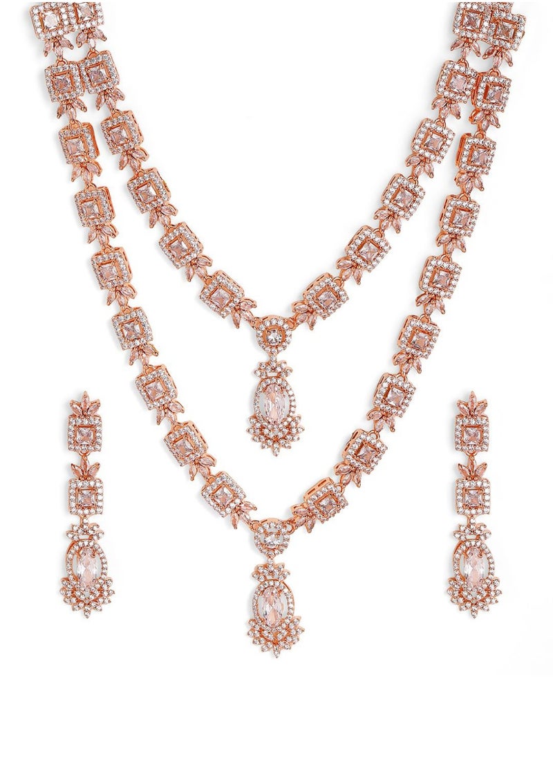 Priyaasi Rose Plated American Diamond Layered Necklace  Earrings  - Image 3