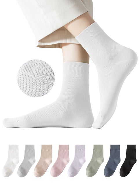 Women's Breathable Mesh 95% Cotton Mid-Crew Socks 8-Pack - Antibacterial Odor-Resistant with Seamless Toe & High Elasticity
