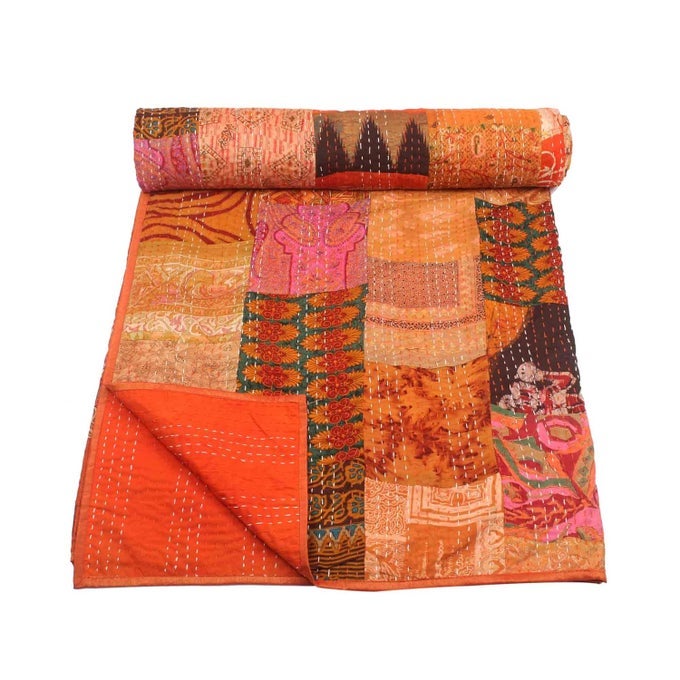 HANDICRAFT SILK KANTHA QUILT KANTHA BED COVER HANDMADE KANTHA BEDSPREAD KANTHA BLANKET THROW01 TWIN 60X90 INCHES SINGLE BED