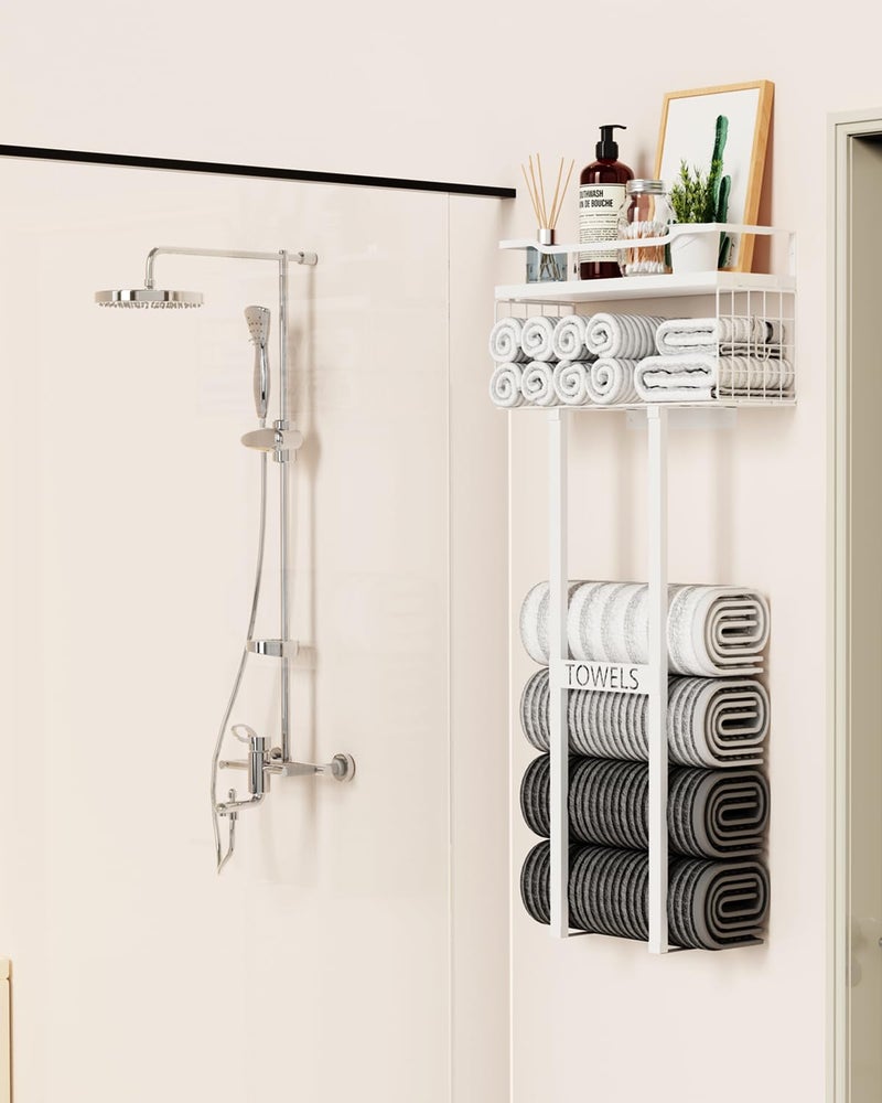 Aetyord Towel Racks for Bathroom 31inch Wall Mounted Towel Rack,Floating Shelf with Wood Plank,Towel Storage for Bathroom Can Holds 6 Large Rolled Towels,All White - Image 4