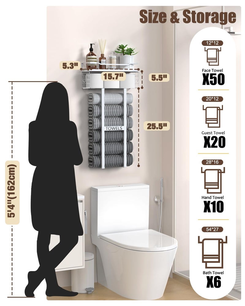 Aetyord Towel Racks for Bathroom 31inch Wall Mounted Towel Rack,Floating Shelf with Wood Plank,Towel Storage for Bathroom Can Holds 6 Large Rolled Towels,All White - Image 2