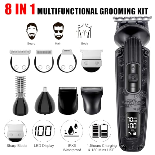 Hatteker 8 in 1 Beard Trimmer Set - Men's Electric Hair and Body Grooming Kit With Nose Trimmer - Waterproof, Adjustable Speed - Image 2
