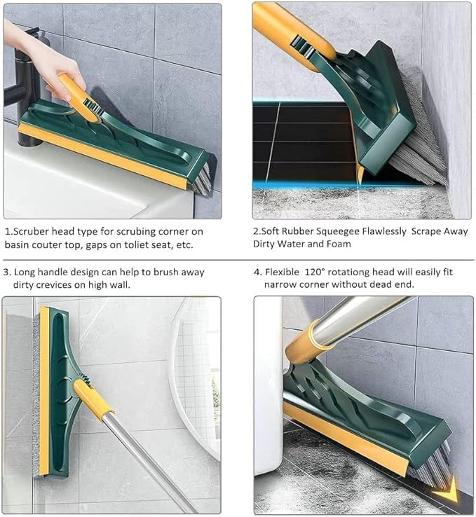 ASHGUJ 2-in-1 Bathroom Floor Cleaning Brush with Wiper | Long Handle 120° Rotating Tile Scrub Brush for Home & Kitchen  - Image 2