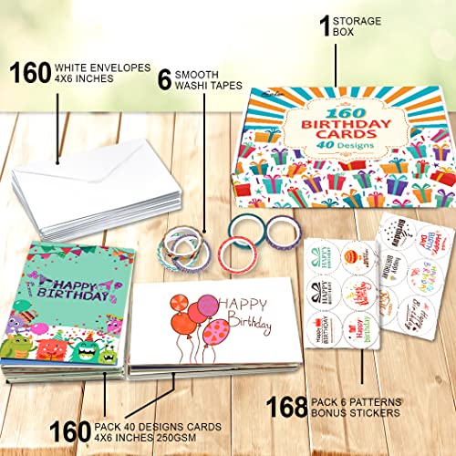 feela Birthday Cards Bulk, 160 Pack 40 Designs Happy Birthday Card Assortment Box with 160 Blank Envelopes 168 Pieces of Stickers 6 Washi Tapes, 4 X 6 Inches Greeting Cards For Girls Family Friends - Image 3