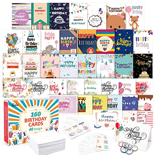 feela Birthday Cards Bulk, 160 Pack 40 Designs Happy Birthday Card Assortment Box with 160 Blank Envelopes 168 Pieces of Stickers 6 Washi Tapes, 4 X 6 Inches Greeting Cards For Girls Family Friends - Image 1