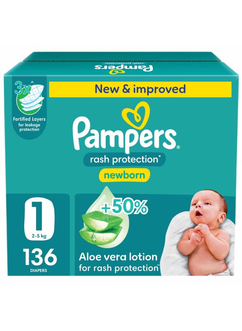 Rash Protection Taped Diapers, Size 1, 2-5kg, Jumbo Box, 136 Count