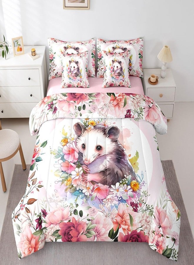 Feelyou Cute Opossum Comforter Set Full 7 Pcs Cartoon Animal Bedding Set Flower Floral Print Farm Zoo Garden Theme Wildlife Style Decor Bed in a Bag with Comforter, Sheets, Pillowcases & Cushion Cover - Image 3