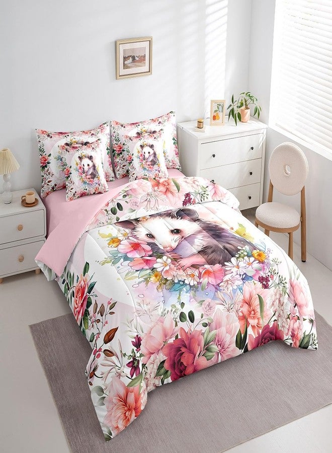 Feelyou Cute Opossum Comforter Set Full 7 Pcs Cartoon Animal Bedding Set Flower Floral Print Farm Zoo Garden Theme Wildlife Style Decor Bed in a Bag with Comforter, Sheets, Pillowcases & Cushion Cover - Image 2