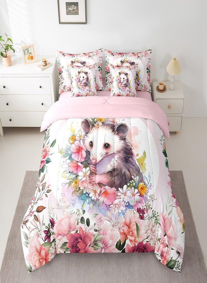 Feelyou Cute Opossum Comforter Set Full 7 Pcs Cartoon Animal Bedding Set Flower Floral Print Farm Zoo Garden Theme Wildlife Style Decor Bed in a Bag with Comforter, Sheets, Pillowcases & Cushion Cover - Image 1