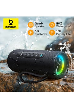 Baseus مكبرات صوت بلوتوث محمولة، مكبر صوت لاسلكي مقاوم للماء IPX5 مع صوت ستيريو عالي 15 وات، باس عميق، بلوتوث 5.3، أضواء RGB، وقت تشغيل 15 ساعة للمنزل والخارج والحفلات وغيرها الكثير - أسود  - Image 1