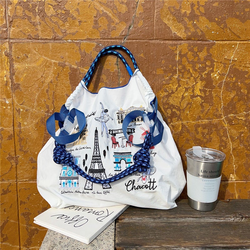 [Medium] Embroidered Bag Women'S Knitted Shopping Bag Casual Portable Shoulder Bag Simple Commuter Versatile Large - Image 1