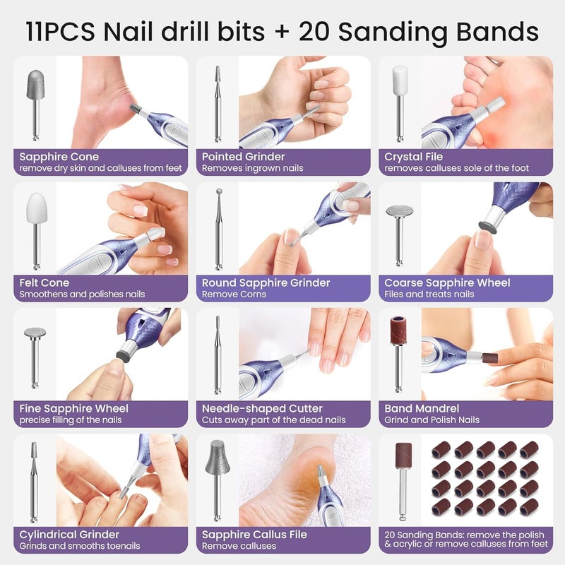 ISTON 36-Piece DW2180 Professional Manicure Pedicure Kit,Electric Nail File Set with 12 Attachments,Cordless Electric Nail Drill Machine,Nail Grinder for Thick Toenail, Pedicure Tools for Feet Hand - Image 5