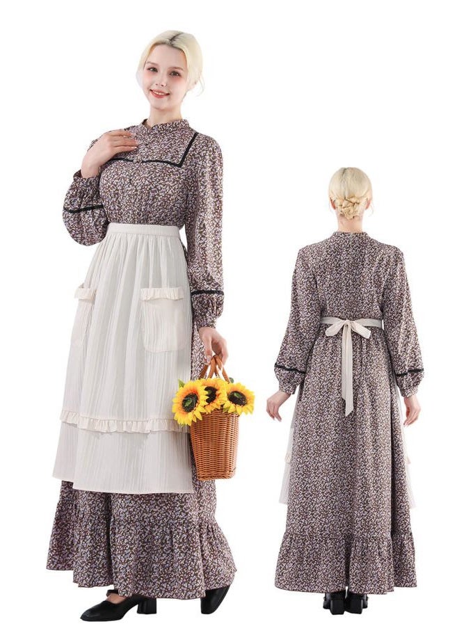 Nuoqi Prairie Dress Women Pioneer Dress Long Adult Colonial Costume with Apron Brown S - Image 3