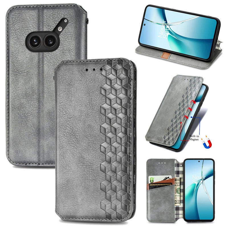 HuHa Case Cover For Nothing Phone 2a Plus Cubic Grid Pressed Magnetic Leather Phone Case(Gray) - Image 1