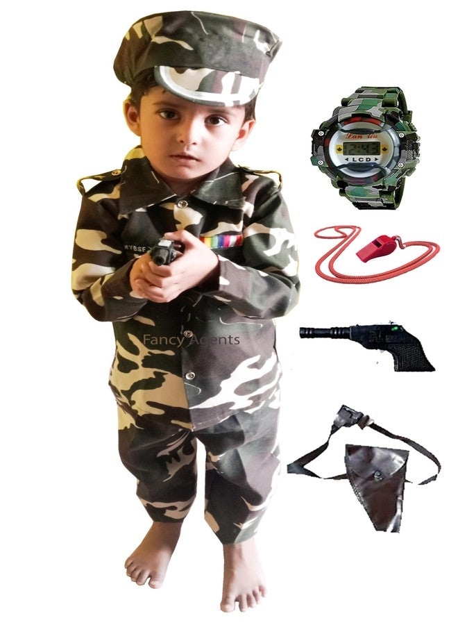 Fancy Agents Polyester Army Dress/Costume For Kids| Indian Army And Police Costume For Kids| National Soldier Costume For Kids Boys And Girls (Free Army Watch Gift For Kids) (2-3 Years, Indian Army) - Image 1
