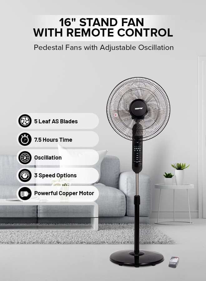 GEEPAS 16" Stand Fan with Remote Control - 3 Mode/Speed, 5 Leaf Blade Wide Oscillation, Adjustable Height & Tilt Setting With Led Display | 7.5 Hours Timer 60 W GF9489N Black - Image 1