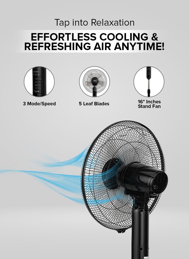 GEEPAS 16" Stand Fan with Remote Control - 3 Mode/Speed, 5 Leaf Blade Wide Oscillation, Adjustable Height & Tilt Setting With Led Display | 7.5 Hours Timer 60 W GF9489N Black - Image 3