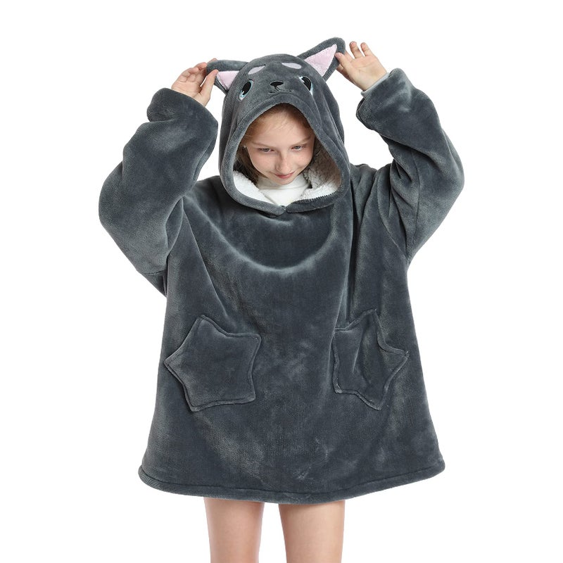 DESERT HOME Deserthome Wearable Blanket Hoodie for Kids 6-12YR Oversized Animal Hooded Blanket Super Soft Comfortable Warm Flannel Gray Husky - Image 5