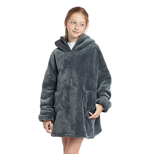 DESERT HOME Deserthome Wearable Blanket Hoodie for Kids 6-12YR Oversized Animal Hooded Blanket Super Soft Comfortable Warm Flannel Gray Husky - Image 2