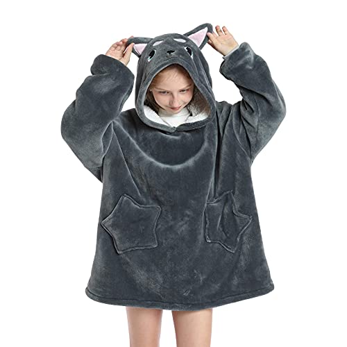DESERT HOME Deserthome Wearable Blanket Hoodie for Kids 6-12YR Oversized Animal Hooded Blanket Super Soft Comfortable Warm Flannel Gray Husky - Image 1