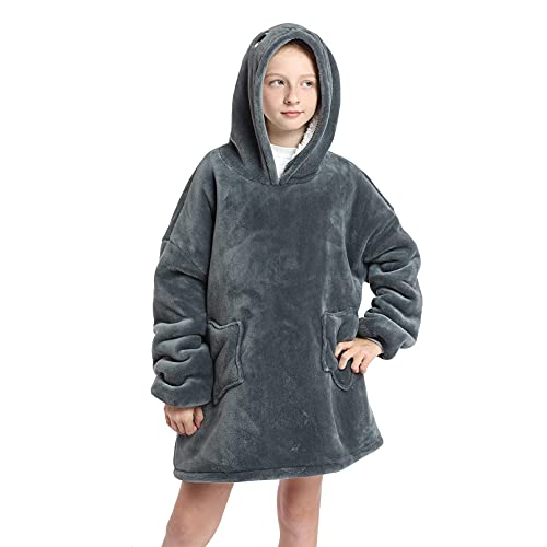 DESERT HOME Deserthome Wearable Blanket Hoodie for Kids 6-12YR Oversized Animal Hooded Blanket Super Soft Comfortable Warm Flannel Gray Husky - Image 3