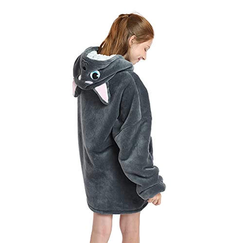DESERT HOME Deserthome Wearable Blanket Hoodie for Kids 6-12YR Oversized Animal Hooded Blanket Super Soft Comfortable Warm Flannel Gray Husky - Image 4