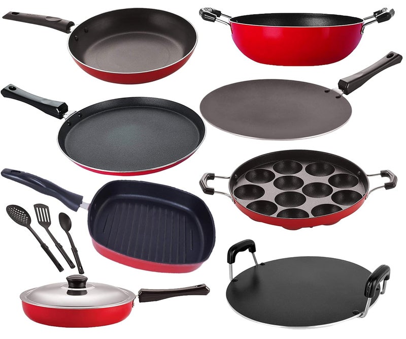 Nirlon Nirlon Kitchenware Cookware 3 Layer Superior Coating Gift Set of11 Pieces (FT12_CT12_FP12_KD14_AP12_TP22_RT_GP22_3spoon) 