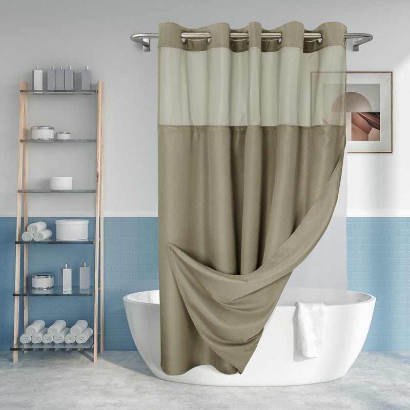 No Hook Slub Textured Shower Curtain with Snapin PEVA Liner Set  71 x 7472 Hotel Style with See Through Top Window Machine Washable  Water Repellent Taupe 71x74