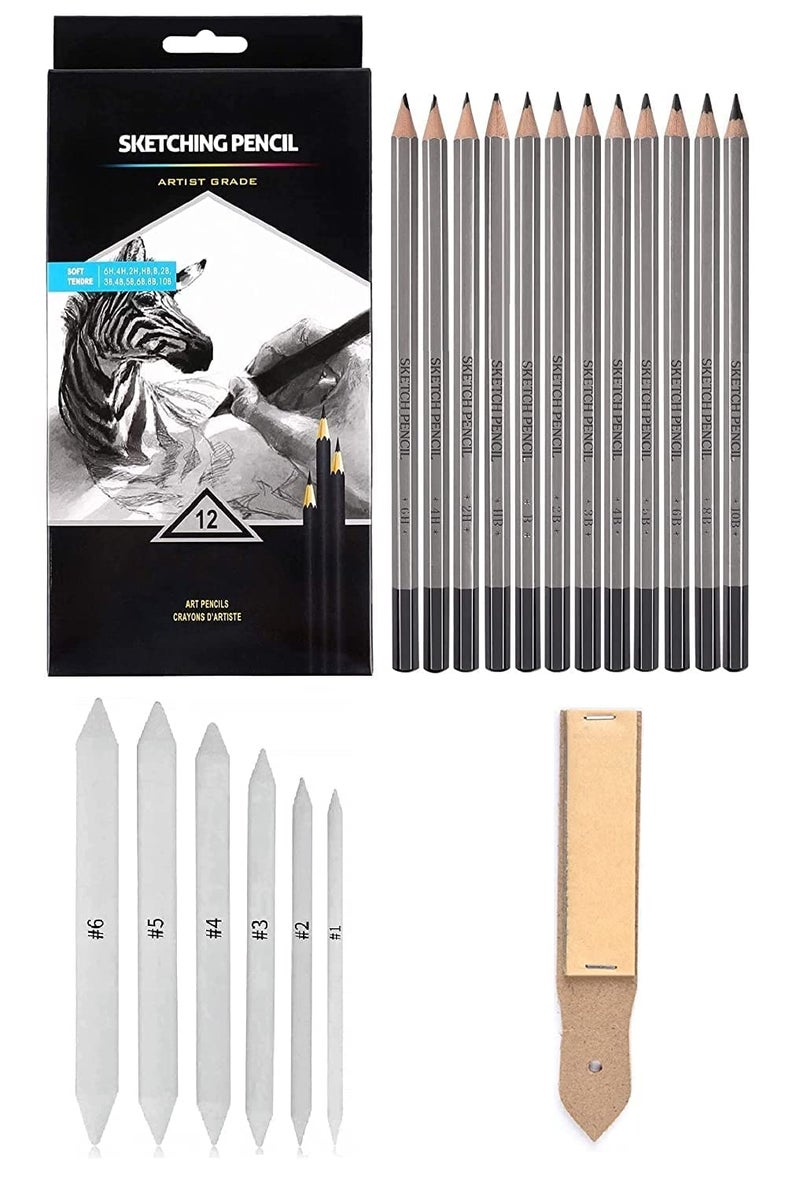 URBAN BOX URBAN BOX Set of 12 Degree Graphite Pencils 10B 8B 6B 5B 4B 3B 2B B HB 2H 4H and 6H With Set of 6 White Paper Art Blending Stumps and Sand Paper Strip  - Image 1