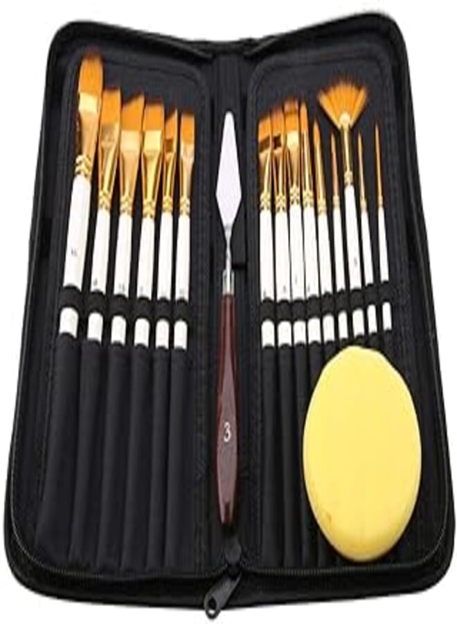 17Pcs Artist Paint Brush Set with Carrying Black Case Paint Knife Sponge for Watercolor Brush Oil Acrylic Drawing Painting