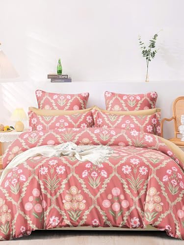 LOOMLYFE 300 TC Microfiber XXL Soft Cotton Super King Size Bedsheet for Double Bed, King Size 108 Inches X 108 Inches, 9 Feet, 275 X 275 cm with 2 Large Size Pillow Covers - PinkJaipuriBlock - Image 1