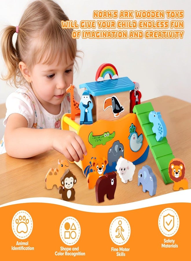 Hoarosall 27-Piece Wooden Noah's Ark Toy for 1-3 Year Olds Baptism Christmas Birthday Gift Bilingual Bible Story Montessori Shape Sorter Christian Educational Toy for Boys Girls - Image 5