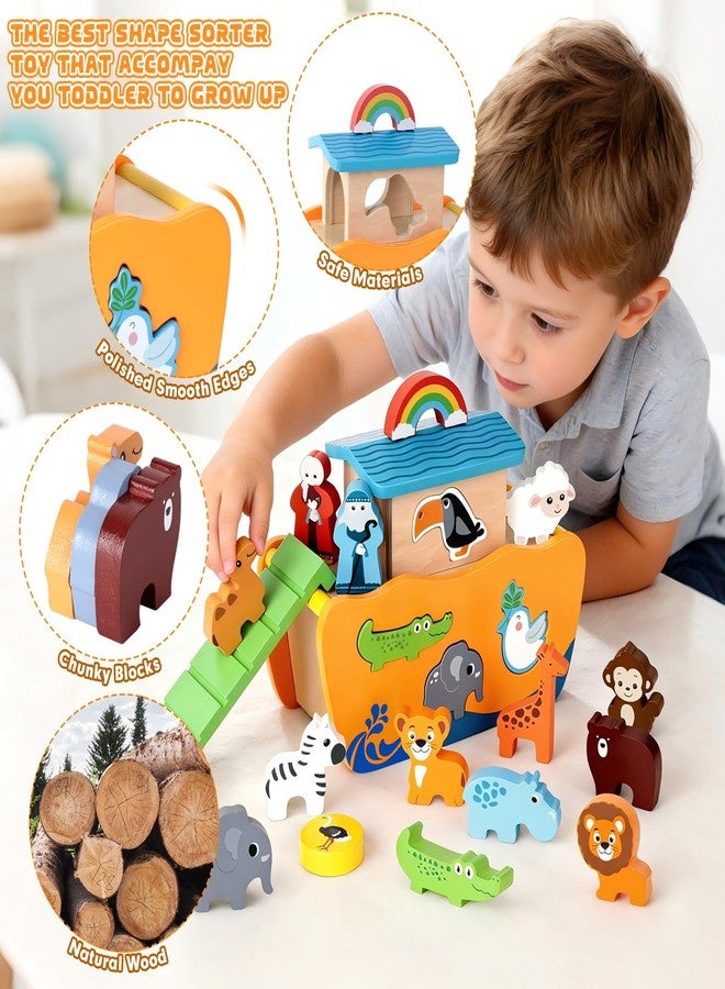 Hoarosall 27-Piece Wooden Noah's Ark Toy for 1-3 Year Olds Baptism Christmas Birthday Gift Bilingual Bible Story Montessori Shape Sorter Christian Educational Toy for Boys Girls - Image 3