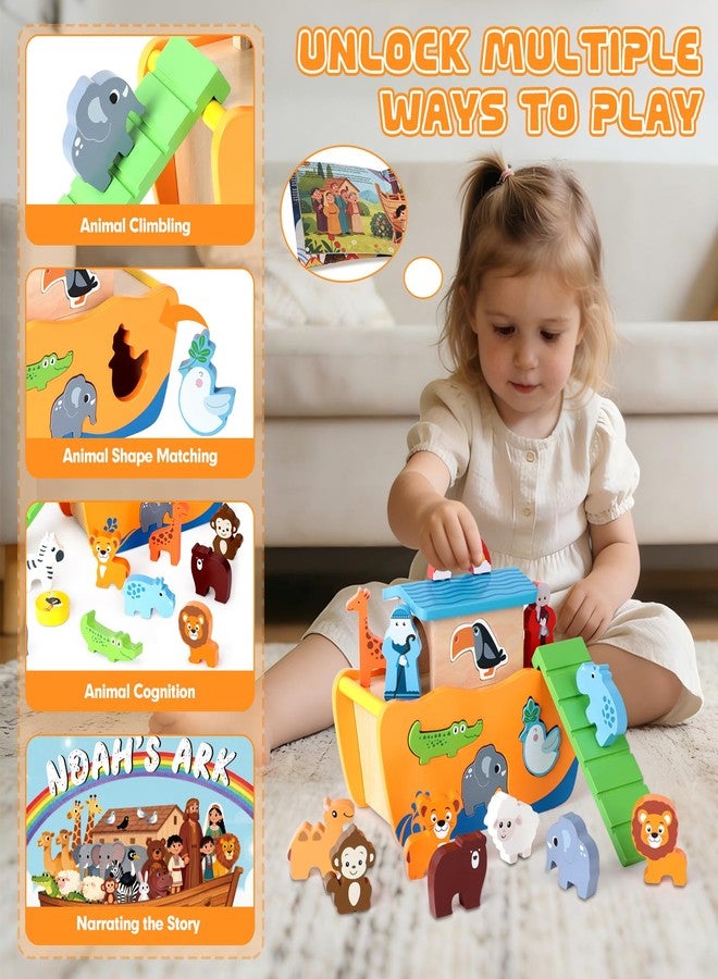 Hoarosall 27-Piece Wooden Noah's Ark Toy for 1-3 Year Olds Baptism Christmas Birthday Gift Bilingual Bible Story Montessori Shape Sorter Christian Educational Toy for Boys Girls - Image 2
