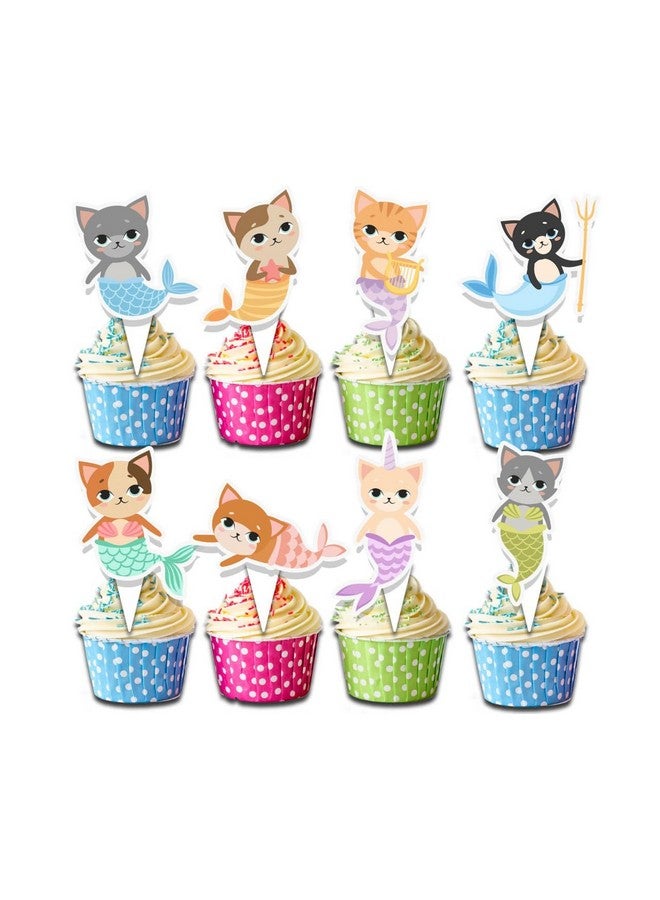 PC 24 قطعة من زينة كعك مرجان القطط لحفلات عيد ميلاد الأطفال - أعواد كعك مرجان لطيفة لحفلة المحيط، حفلة استقبال المولود، والاحتفال تحت الماء - Image 1
