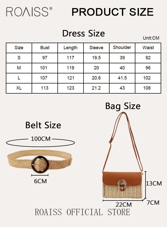 roaiss Button Layered Ruffle Hem Shirt Dress for Women with Belt and Shoulder Bag Ladies Fashionable Temperament Lapel Dresses Women's Mid-Length Solid Color Exquisite Skirt - Image 2