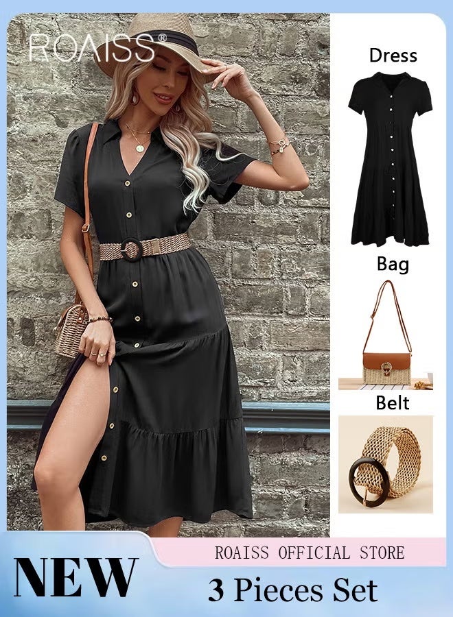 roaiss Button Layered Ruffle Hem Shirt Dress for Women with Belt and Shoulder Bag Ladies Fashionable Temperament Lapel Dresses Women's Mid-Length Solid Color Exquisite Skirt - Image 3