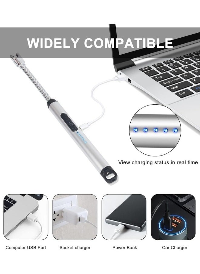 هابي هوم ولاعة كهربائية، ولاعة قابلة لإعادة الشحن بمنفذ USB C مع مفتاح أمان، ولاعة إلكترونية طويلة مقاومة للرياح بدون لهب للشموع والشواية وموقد الغاز والمطبخ والتخييم-سيلفر  - Image 4