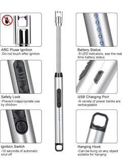 Happy Home Electric Lighter, USB C Rechargeable Lighter with Safety Switch, Long Windproof Flameless Electronic Lighter for Candle, Grill, Gas Stove, Kitchen, Camping-Silver  - Image 3