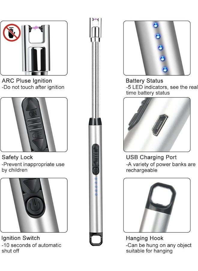 هابي هوم ولاعة كهربائية، ولاعة قابلة لإعادة الشحن بمنفذ USB C مع مفتاح أمان، ولاعة إلكترونية طويلة مقاومة للرياح بدون لهب للشموع والشواية وموقد الغاز والمطبخ والتخييم-سيلفر  - Image 3