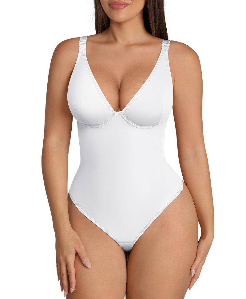 FeelinGirl White Bodysuit for Women Body Suits Tummy Control Corset Top Thong V Neck Shape wear, XXL - Image 1