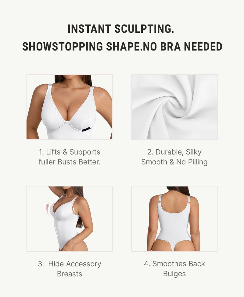 FeelinGirl White Bodysuit for Women Body Suits Tummy Control Corset Top Thong V Neck Shape wear, XXL - Image 2