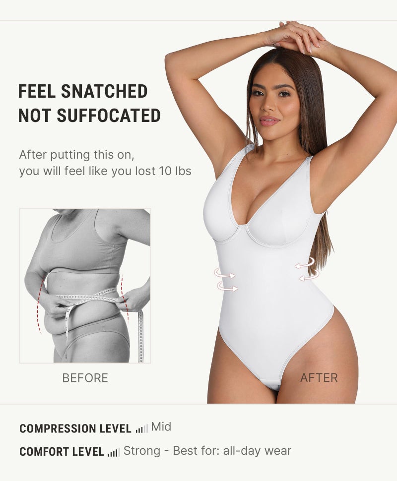 FeelinGirl White Bodysuit for Women Body Suits Tummy Control Corset Top Thong V Neck Shape wear, XXL - Image 3