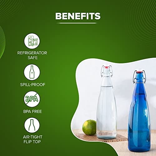 SAND DUNE Set of 1, 1000 ml Each OPT3 Blue Glass clip top cap water bottle with flip top cap, Leak-Proof for water, Juices - Reusable Travel Glass Drinking Fridge Bottles - Image 3