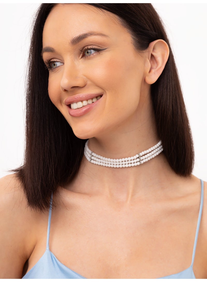 GetmanJewelry Women’s Handmade White Matte Agate Getman Jewerly Choker – Three-Row Beaded Necklace with Adjustable Chain - Image 1