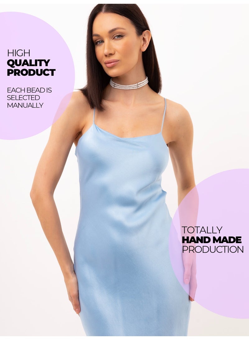 GetmanJewelry Women’s Handmade White Matte Agate Getman Jewerly Choker – Three-Row Beaded Necklace with Adjustable Chain - Image 2