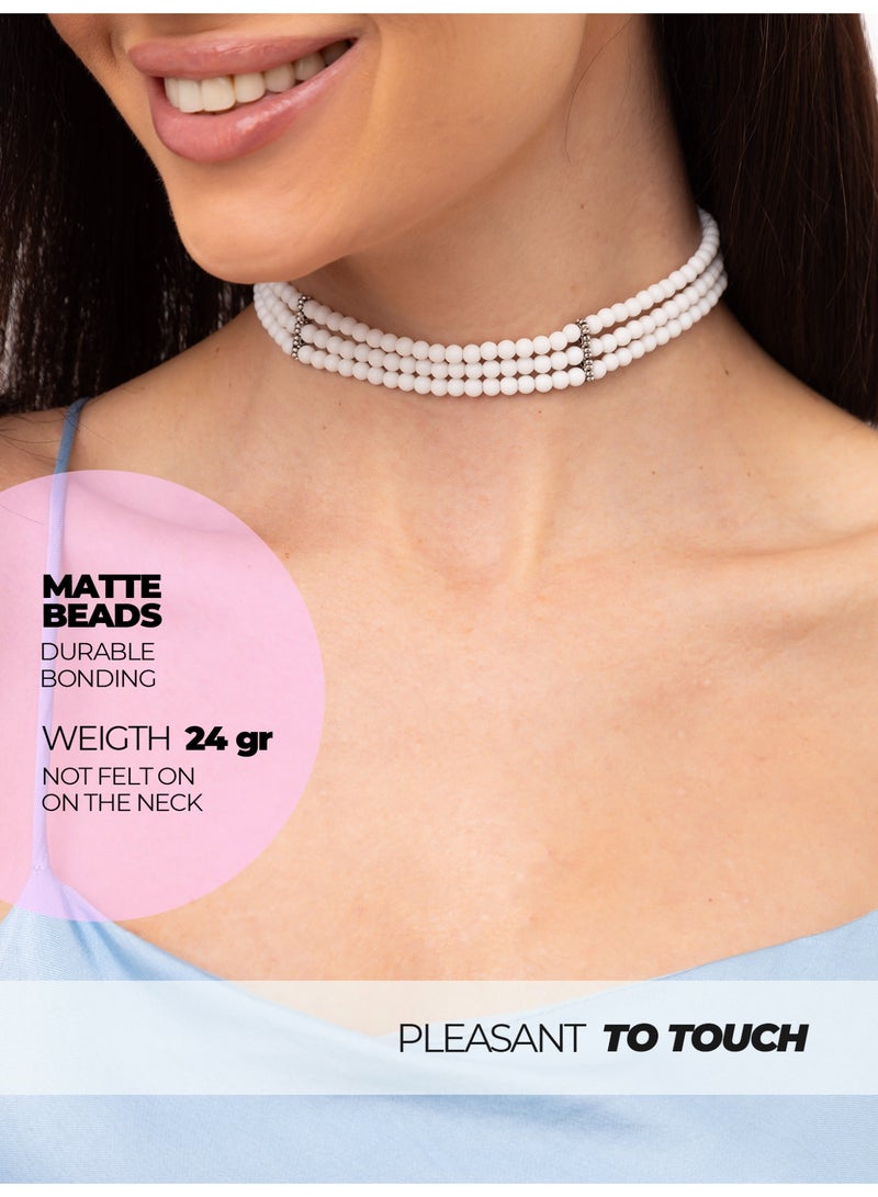 GetmanJewelry Women’s Handmade White Matte Agate Getman Jewerly Choker – Three-Row Beaded Necklace with Adjustable Chain - Image 3