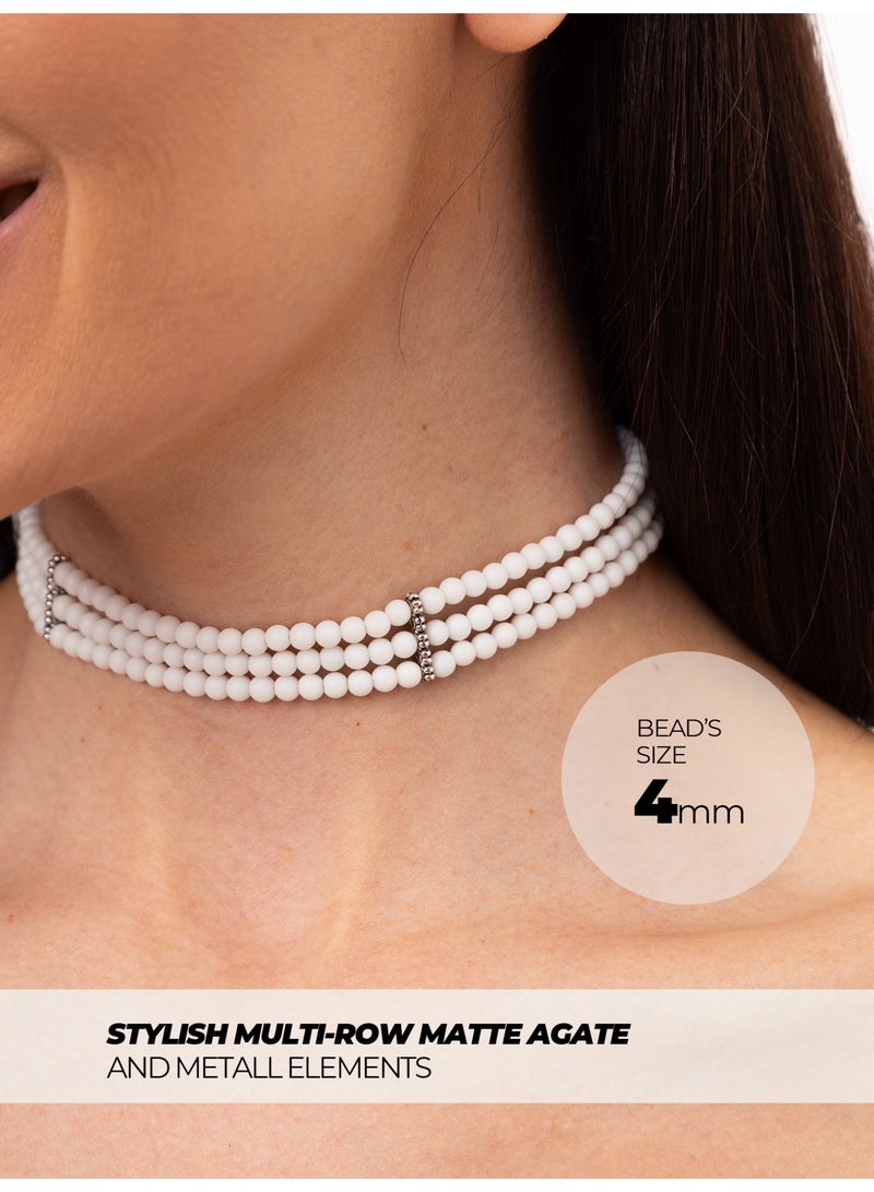 GetmanJewelry Women’s Handmade White Matte Agate Getman Jewerly Choker – Three-Row Beaded Necklace with Adjustable Chain - Image 4