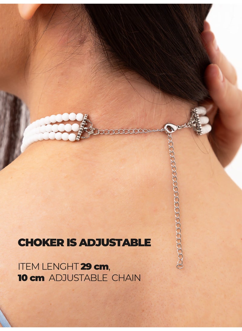 GetmanJewelry Women’s Handmade White Matte Agate Getman Jewerly Choker – Three-Row Beaded Necklace with Adjustable Chain - Image 5